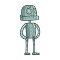 Serious And Calm Blue Robot Cartoon Outlined Illustration With Cute Android And His Emotions
