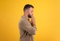 Serious calm millennial european guy make pray gesture, make a wish