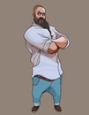 Serious cartoon bearded man stands with his arms crossed on his chest