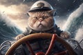 A serious cat wearing a marine captain\'s hat on sinking boat, generative ai