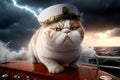 A serious cat wearing a marine captain\'s hat on sinking boat, generative ai