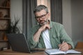 Serious caucasian male with beard in glasses looks at laptop have video call, study in living room interior