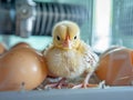 Serious chick among eggshell fragments in an incubator, a glimpse into poultry rearing