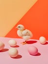 A serious chicken surrounded by eggs against a minimalistic bright wall