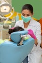 Serious concentrated female dentist performing a dental examination