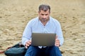 Serious confident mature man with laptop outdoors Royalty Free Stock Photo