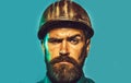 Serious construction worker in hard hat. Handsome confident male builder in safety helmet. Bearded man in hardhat Royalty Free Stock Photo