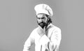 Serious cook in white uniform, chef hat. Portrait of a serious chef cook. Bearded chef, cooks or baker. Bearded male Royalty Free Stock Photo