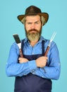 Serious cowboy. Who cook better. Ultimate cooking challenge. prepare dinner for family. cooking utensils and various