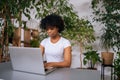 Serious curly African-American young woman working typing on laptop computer sitting at desk in home office room with Royalty Free Stock Photo