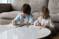Serious cute little sibling children drawing in coloring pencils