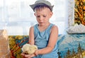 Serious Cute Young Boy Holding his Chick Pet Royalty Free Stock Photo