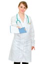 Serious doctor woman giving medical chart