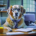 Serious dog manager, dog accountant, dog secretary, dog with calculator and notepad Royalty Free Stock Photo