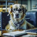 Serious dog manager, dog accountant, dog secretary, dog with calculator and notepad Royalty Free Stock Photo