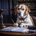 Serious dog writer, dog journalist, dog secretary, dog with book and feather