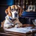 Serious dog writer, dog journalist, dog secretary, dog with book and feather