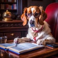 Serious dog writer, dog journalist, dog secretary, dog with book and feather