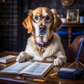 Serious dog writer, dog journalist, dog secretary, dog with book and feather