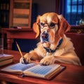 Serious dog writer, dog journalist, dog secretary, dog with book and feather