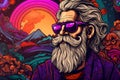 A serious elderly Caucasian man with a beard and gray hair in a fantastic landscape. Psychedelic mix of orange and purple colors