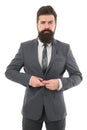 serious employer. brutal boss man isolated on white. bearded businessman in formal suit. office life. hipster employer Royalty Free Stock Photo