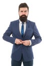 Serious employer. brutal boss man isolated on white. bearded businessman in formal suit. office life. hipster employer Royalty Free Stock Photo