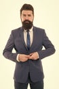 Serious employer. brutal boss man isolated on white. bearded businessman in formal suit. office life. hipster employer Royalty Free Stock Photo