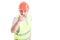 Serious engineer making looking at you gesture Royalty Free Stock Photo