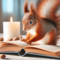 Serious expression of squirrel reading book