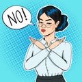 Serious face business woman saying no with hand crossed gesture, asian businesswoman pop art comic vector illustration eps10