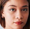 Serious, face and closeup of portrait of woman with youth feeling confident. Vision, young person and female model with Royalty Free Stock Photo