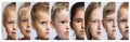 Serious faces of children. Future generation. Close-up. Collage, set of images. Panorama format