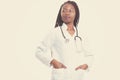Serious Female american african doctor, nurse woman wearing medical coat with stethoscope. Happy excited for success medical Royalty Free Stock Photo