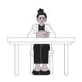 Serious female boss with hands folded on desk black and white 2D cartoon character