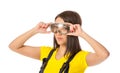 Serious female construction worker with goggles