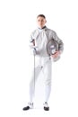 Serious fencer holding rapier and mask in hands Royalty Free Stock Photo