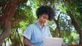 Serious freelancer working nature typing on laptop closeup. African girl in park Royalty Free Stock Photo