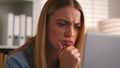 Serious girl frown puzzled stressed Caucasian woman looking at computer monitor problem business failure bad news Royalty Free Stock Photo