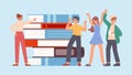 Serious girl and happy dancing students. Woman pointed on book piles. Education vs ignorance, vector cartoon flat