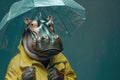 Serious impressive important hippopotamus in a raincoat under an open umbrella.