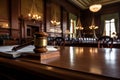 Serious judges gavel and legal book on wooden table in courtroom setting, legal concept Royalty Free Stock Photo