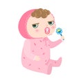 Serious kinky-haired baby with pacifier sitting in pink pajama holding a rattle. Vector illustration in flat cartoon