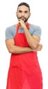 Serious latin american clerk or waiter or chef with red apron Royalty Free Stock Photo