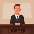 Serious lawyer sits by the table in courthouse. Cartoon vector illustration. Character design.