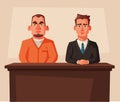 Serious lawyer sits by the table in courthouse with defendant. Cartoon vector illustration. Character design.