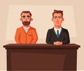 Serious lawyer sits by the table in courthouse with defendant. Cartoon vector illustration. Character design.