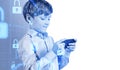 Serious little boy with smartphone, cybersecurity interface