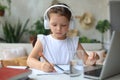 Serious little girl handwrite study online using laptop at home, cute happy small child take Internet web lesson