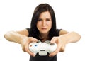 Serious looking girl plays video game Royalty Free Stock Photo